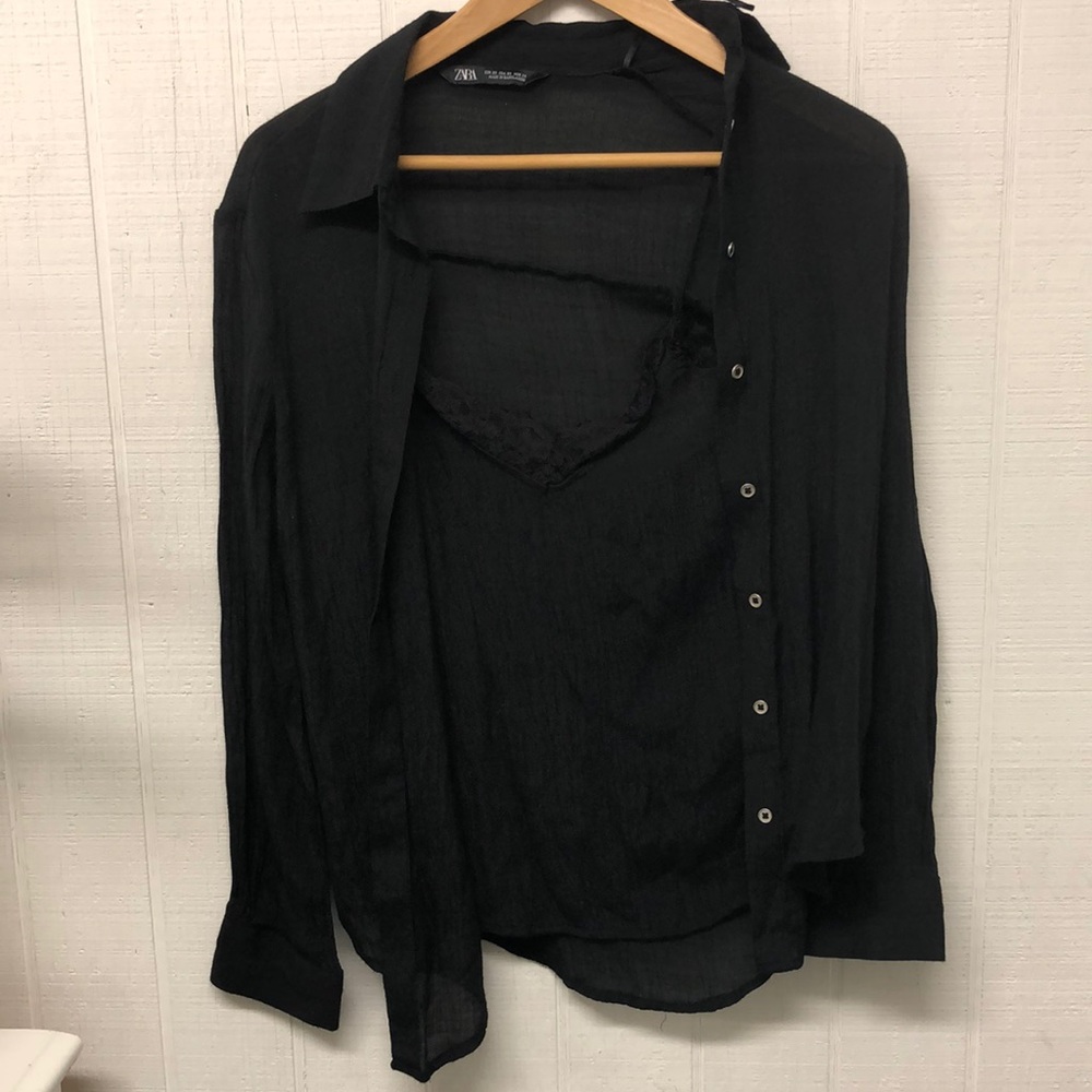 Black shear button up and tank top connected set